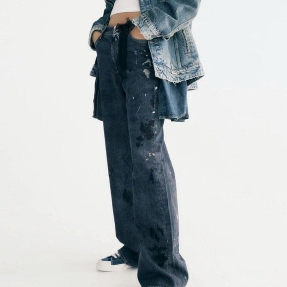 Zara TRF Paint Splatter Mid Rise Wide Leg Baggy Jeans - Picture 4 of 13